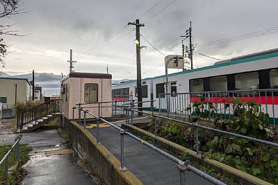 ホームに停車するキハ110系気動車