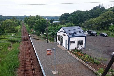 歩道橋から駅を見る